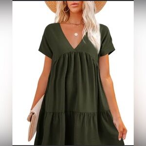 Women Ladies V-Neck Smock Dress Summer Beach Pleated Swing Mini Dress M